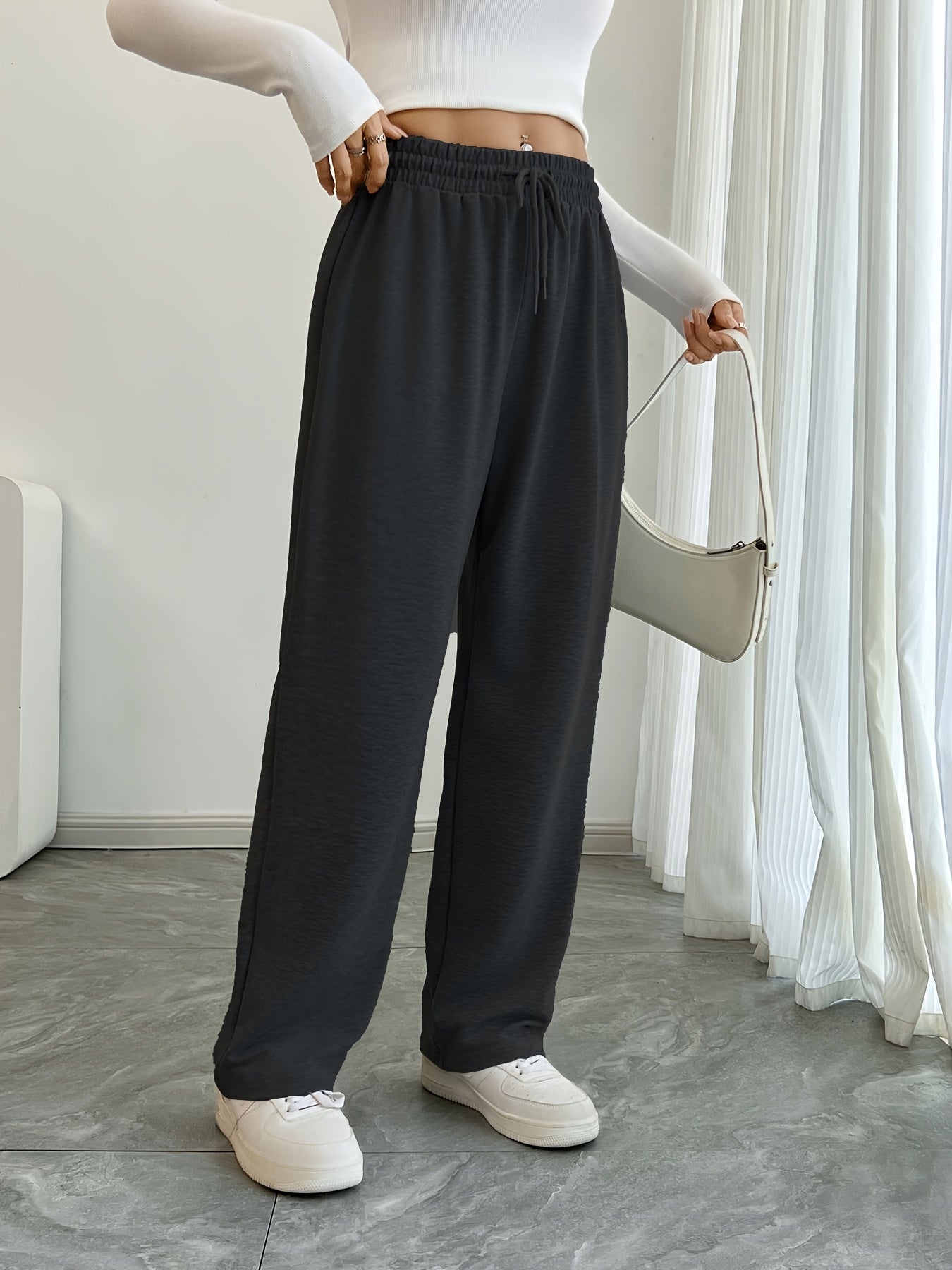 Men's Grey Polyester Joggers with Elastic Waistband Drawstring Long Casual Pants for Spring and Autumn