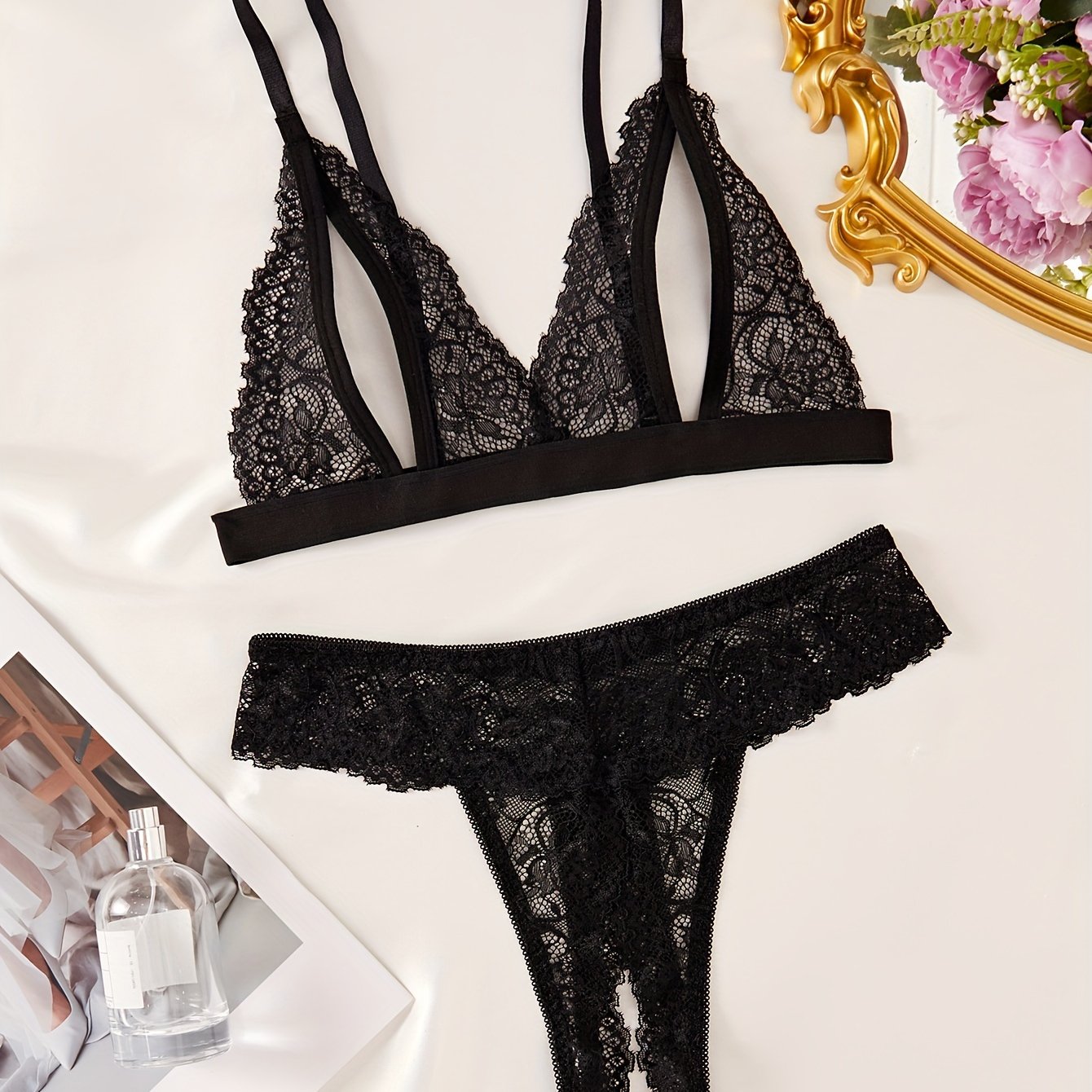 Women's Floral Lace Lingerie Set with Open Cup Triangle Bra and Crotchless Thong