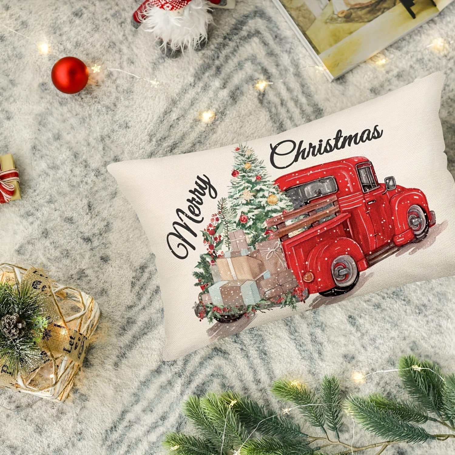 Merry Christmas Red Truck Pillow Cover Linen 30x50cm Zippered Washable