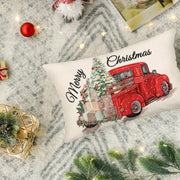 Merry Christmas Red Truck Pillow Cover Linen 30x50cm Zippered Washable