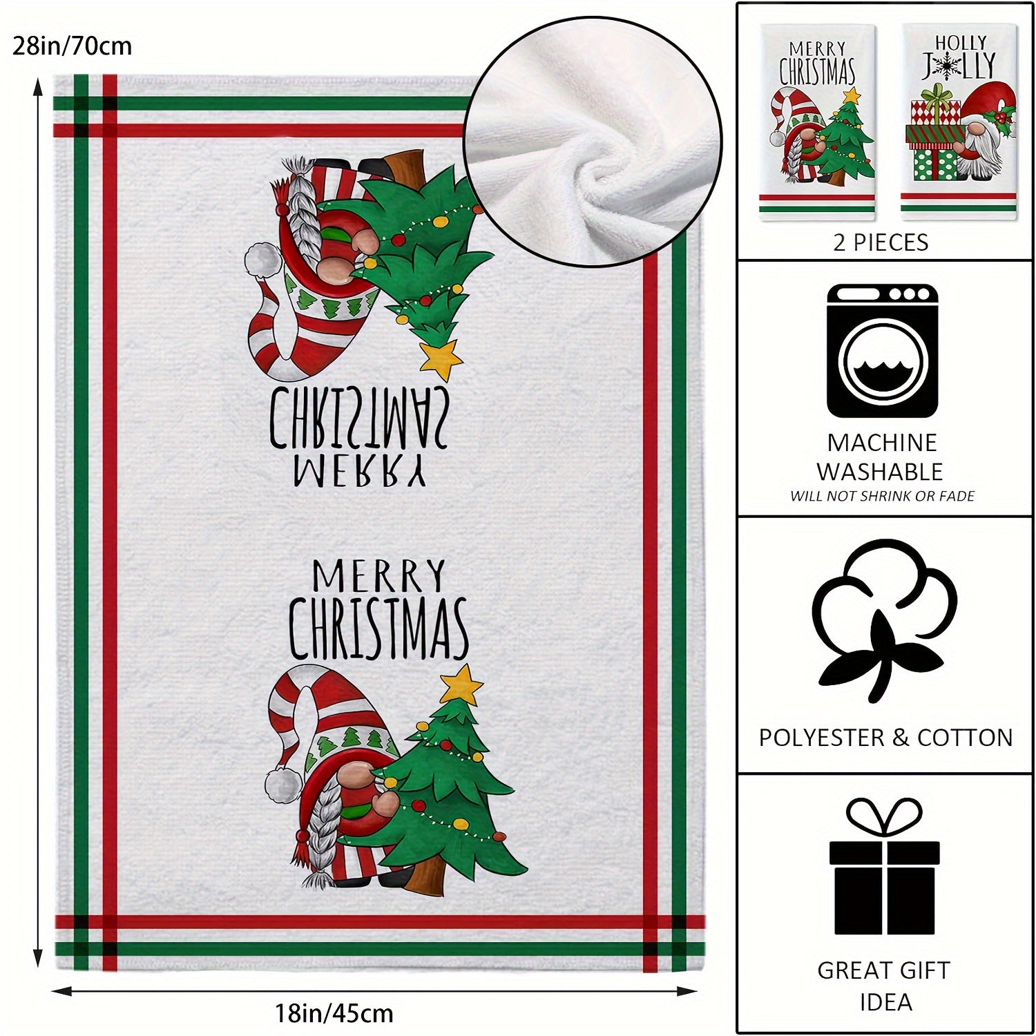 Set of 2 Christmas Gnome Kitchen Towels Red Green Holiday Hand Drying Baking 18x28 Inches