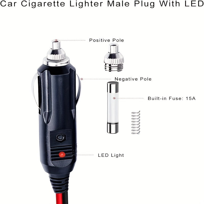 Cable de extensión para coche 3M 12V 24V Cargador de batería con luz LED y fusible