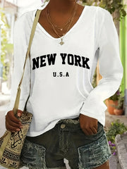 Women's V-Neck Long Sleeve T-Shirt White Black Graphic Print All-Season Comfort