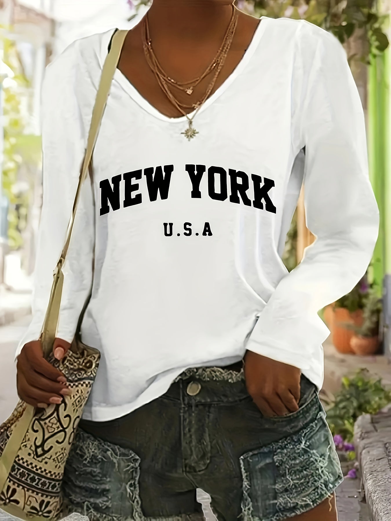 Women's V-Neck Long Sleeve T-Shirt White Black Graphic Print All-Season Comfort