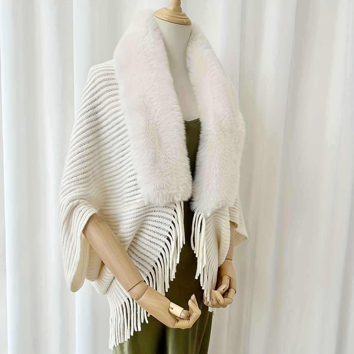 Winter Shawl with Faux Fur Collar Solid Color Loose Fit Knit Wrap Coat