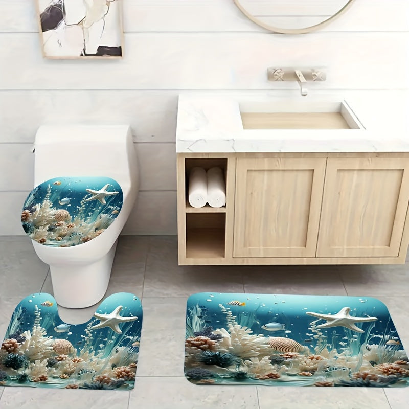 Koʻk koral bosma dush pardasi toʻplami, suv oʻtkazmaydigan pardali mato va ganchlar bilan