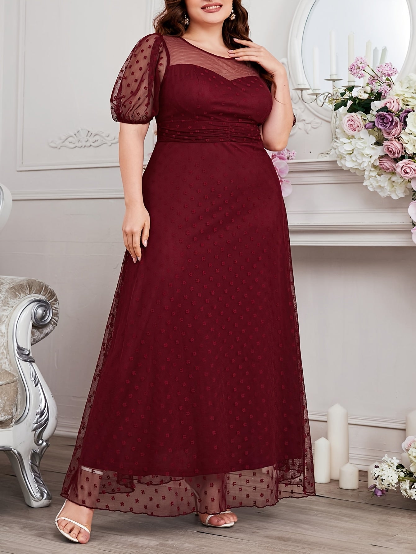 Women's V-Neck Lace Dress Plus Size Long Sleeve Evening Gown Creamy Yellow