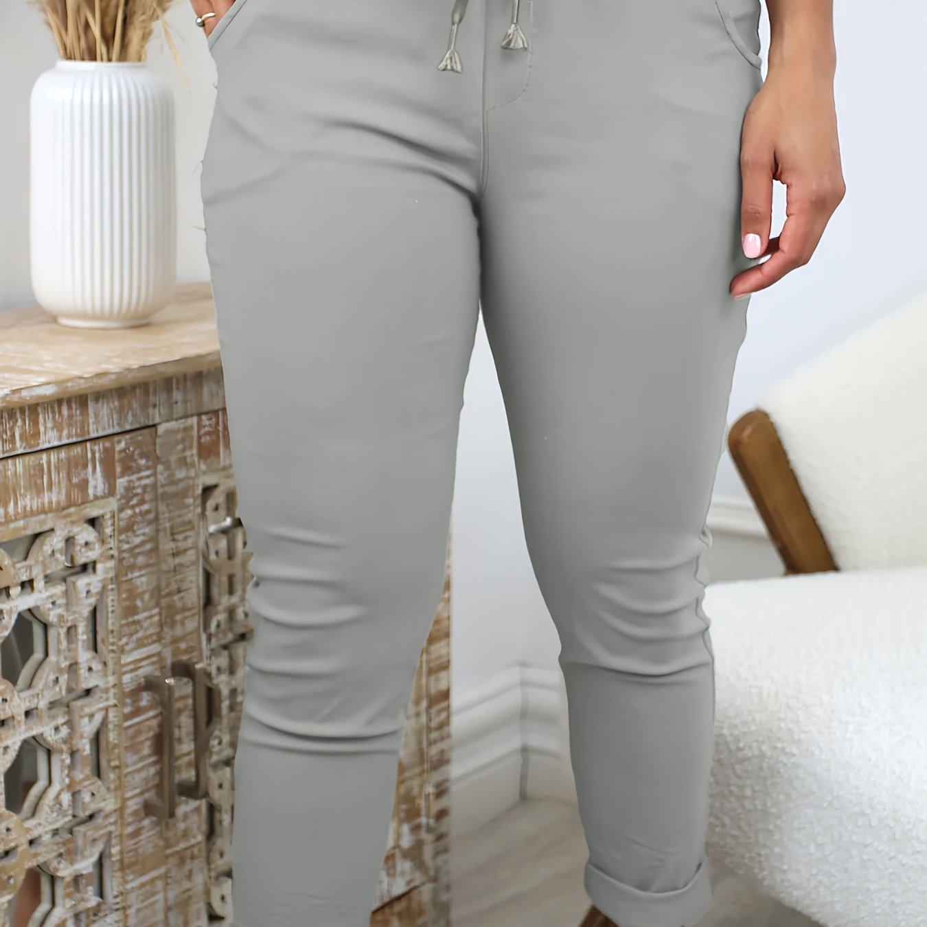 Pantalones jogger para mujer de color sólido, de poliéster elástico, con cordón en la cintura, para todas las estaciones