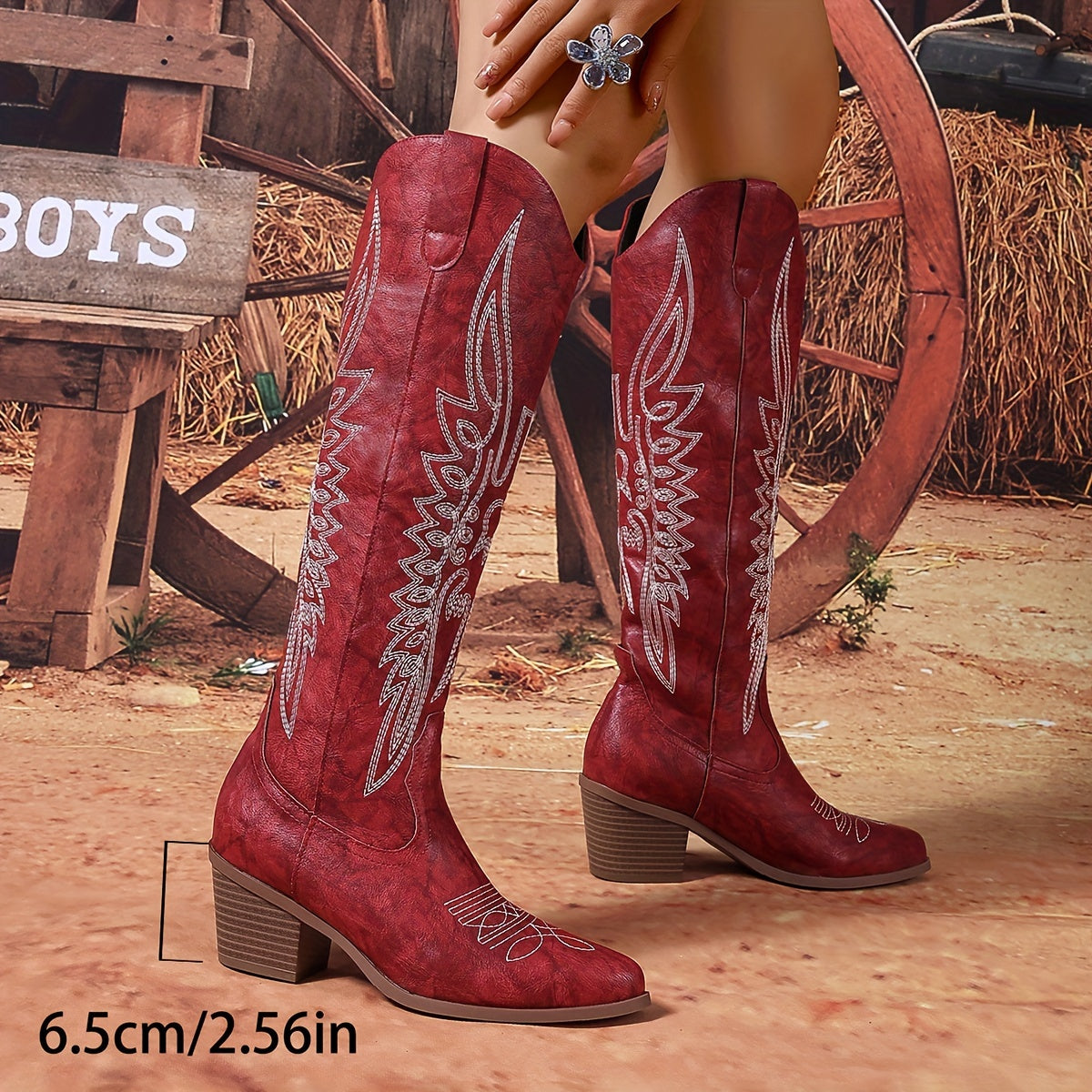 Women's Western Knee-High Boots Red Embroidery Slip-On Pointed Toe