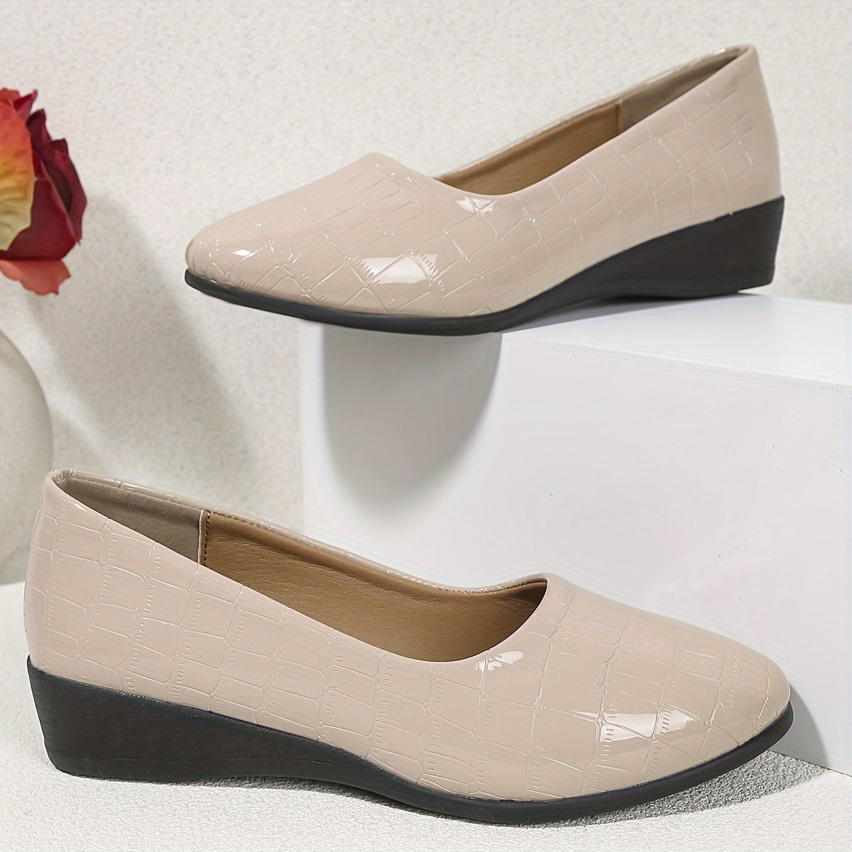 Women's Beige Crocodile-Embossed Wedge Heels Slip-On Comfort Shoes