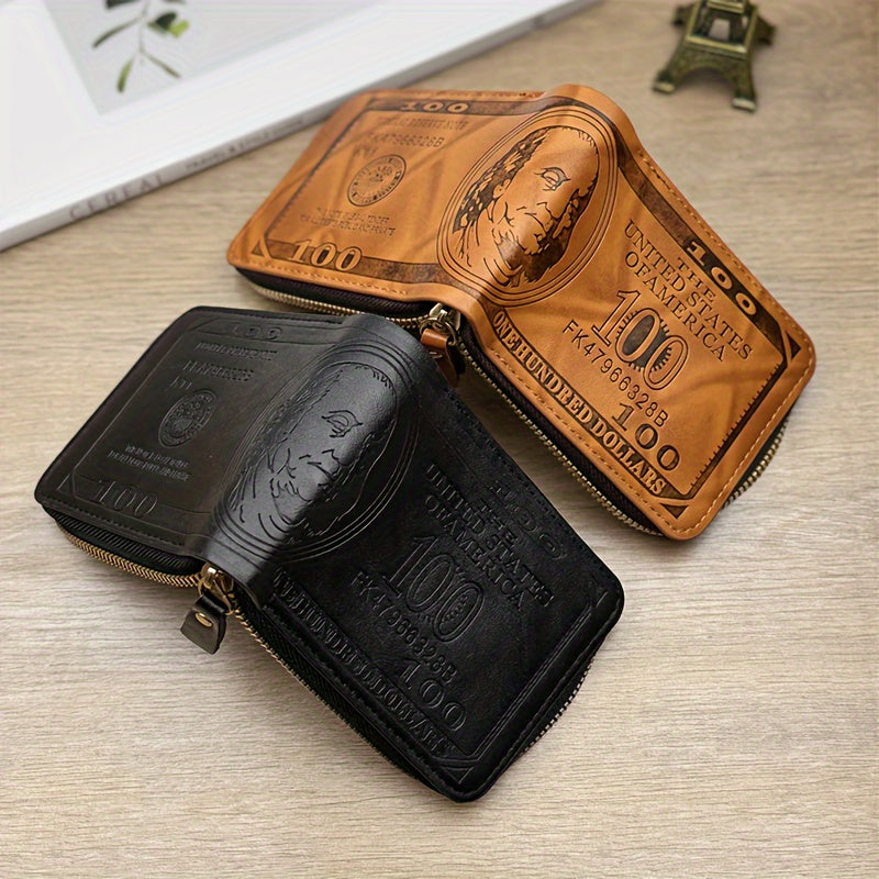 Men's Vintage Portrait Print Faux Leather Wallet Black Grommets Street Style Compact Coin Purse