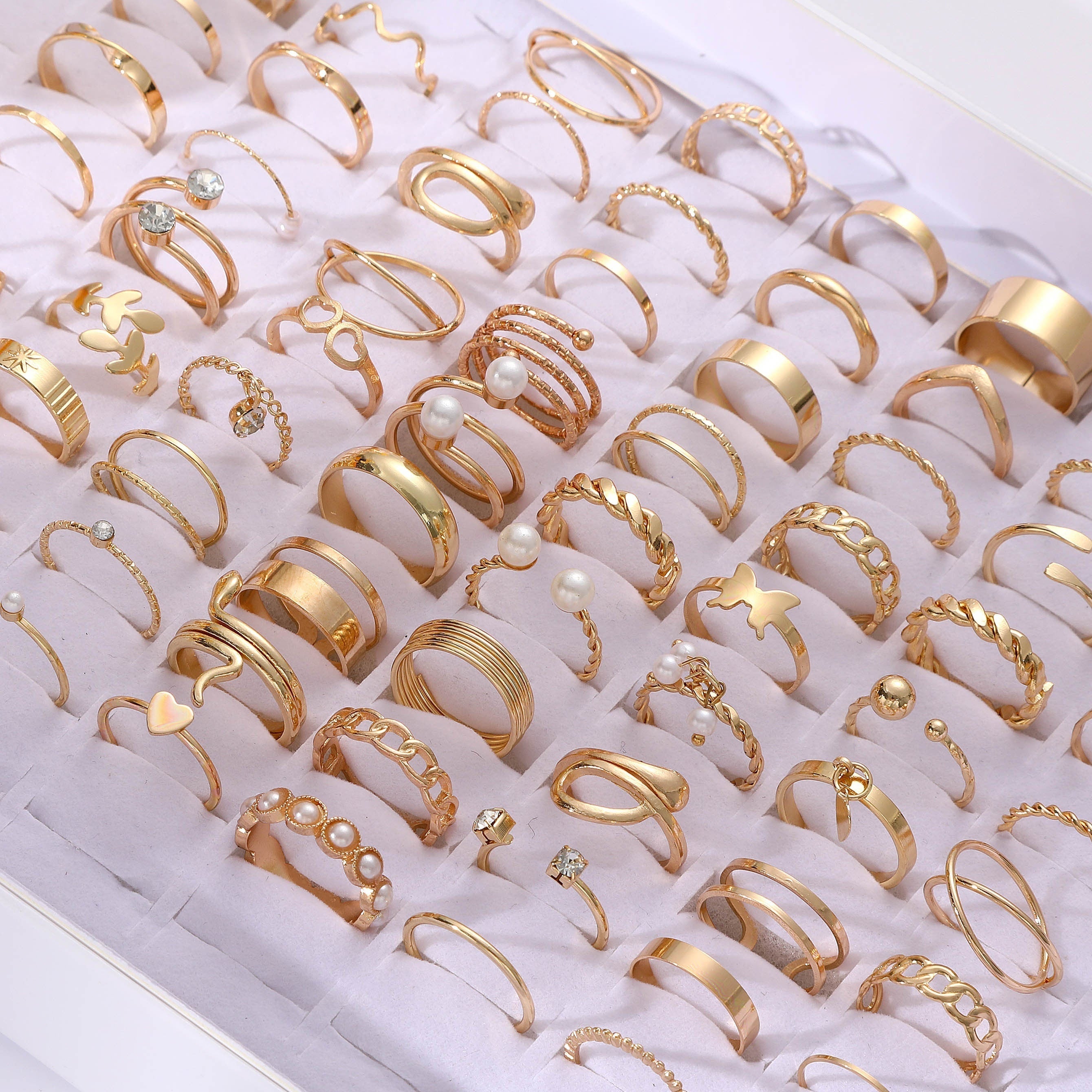 Stackable Ring Set with Faux Pearls and Cubic Zirconia in Gold Tone for Women