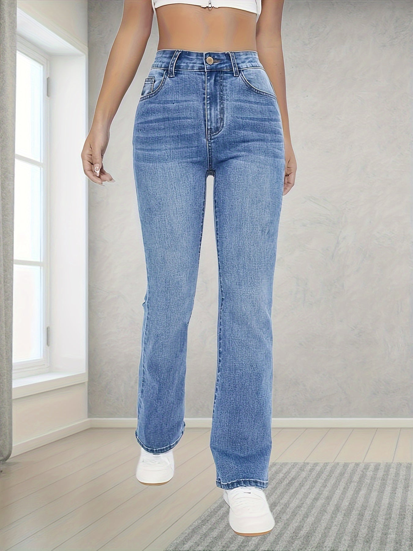 Women's Washed Blue Flare Leg Jeans with High Stretch and Bell Bottom Style