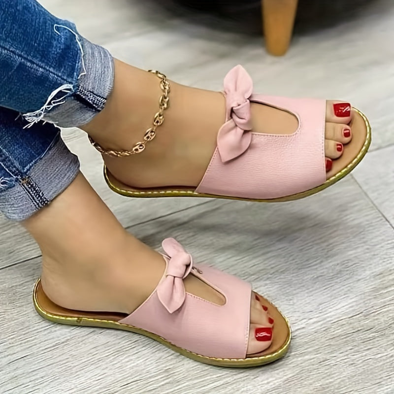 Women's Open-Toe Flat Slippers with Bow Tie Decor Indoor Outdoor Comfort