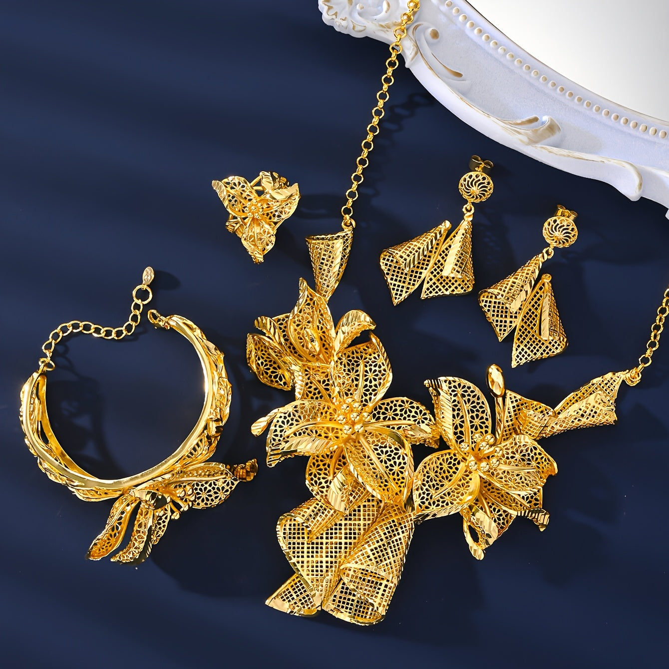 Gold Plated Jewelry Set with Floral Necklace Adjustable Ring and Pendant Earrings