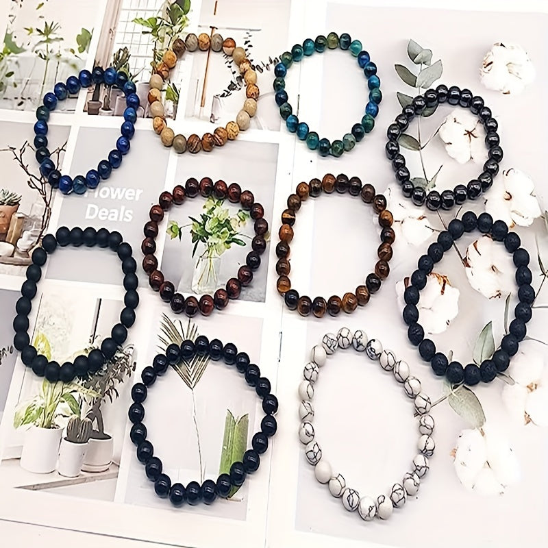 Set of 10 8mm Semi Precious Stone Beaded Bracelets for Men Women Healing Crystal Unisex Gift