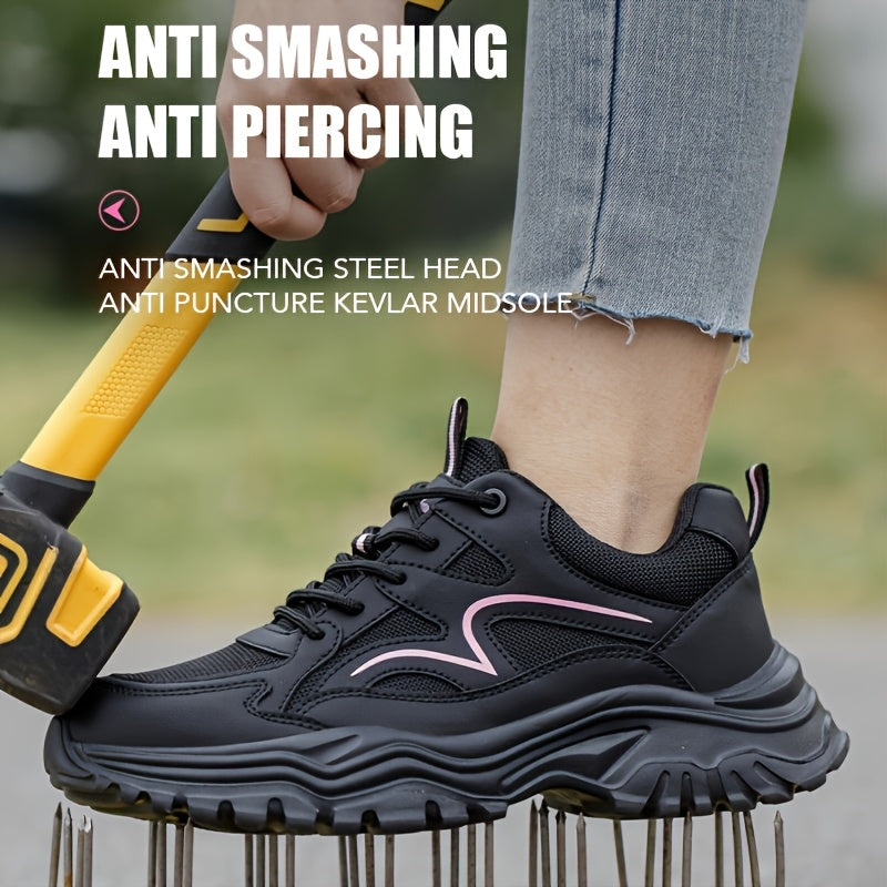 Women’s Lightweight Safety Shoes Black Pink Breathable Anti-Puncture Durable Rubber