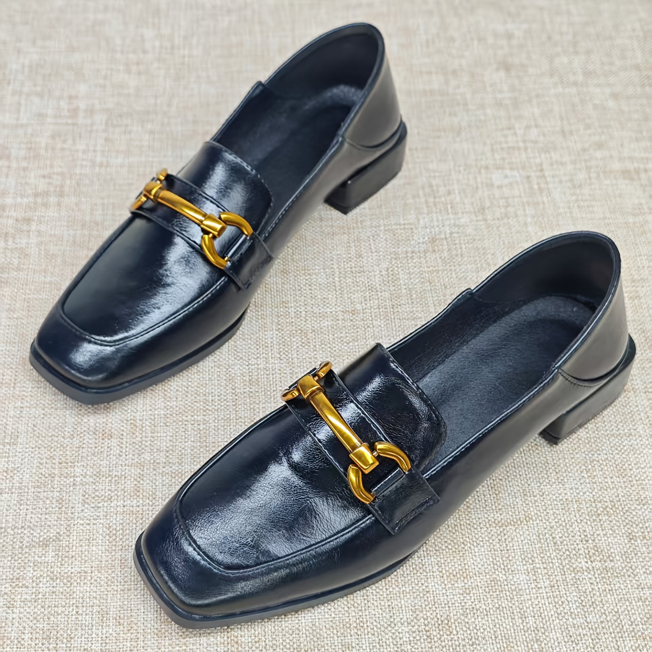 Women's Vintage Black Loafers Flat Shoes Penny Buckle Square Toe