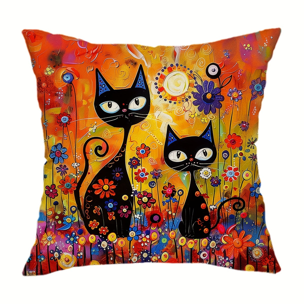 Black Cat Folk Art Throw Pillow Cover Sun Flowers 29.97x50.04cm or 44.96cm Square