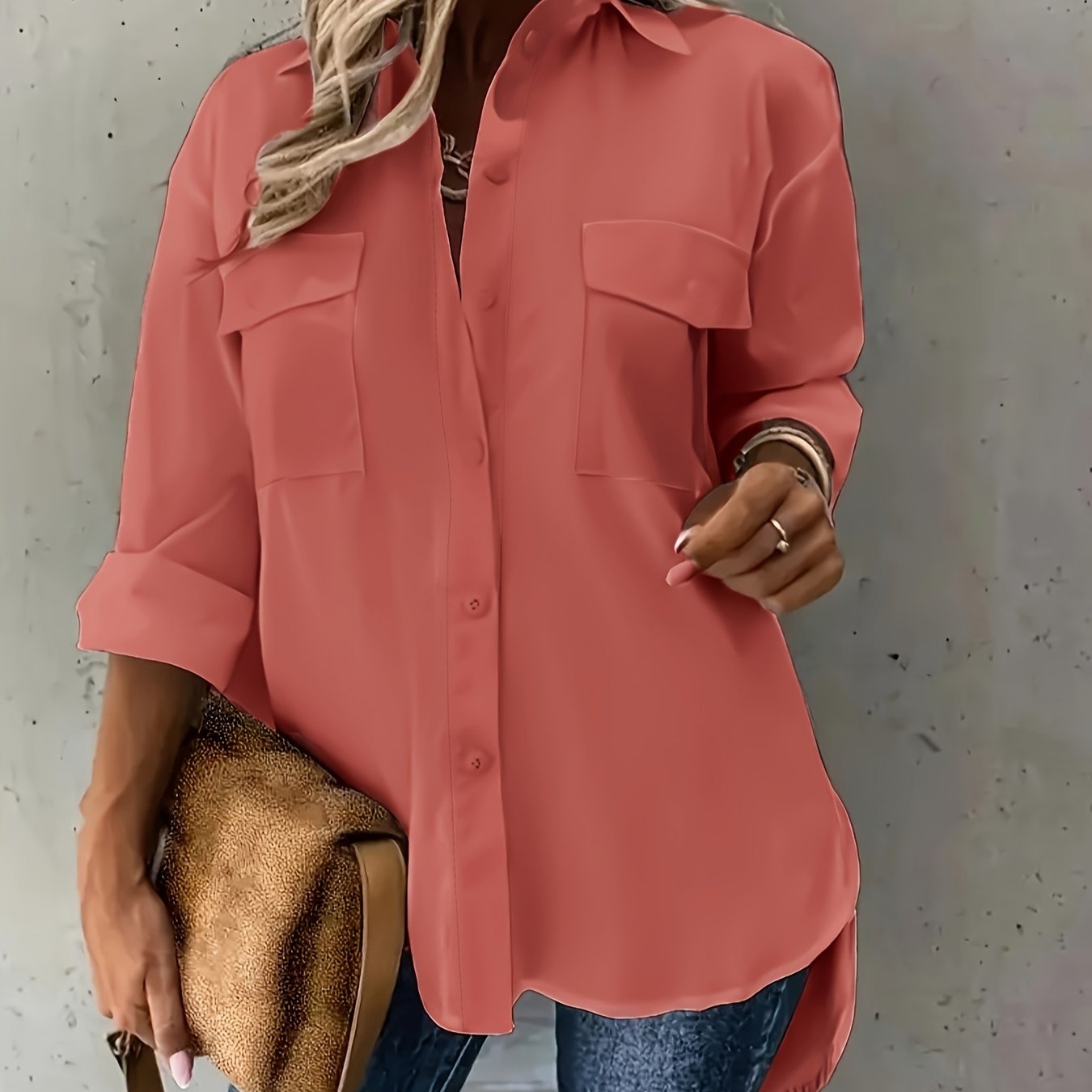 Plus Size Women's Casual Polyester Button Front Shirt with Flap Pockets for Spring