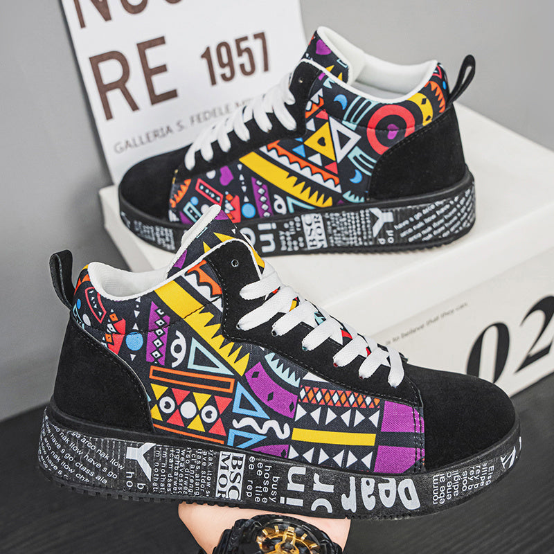 Men's High-Top Fabric Casual Sneakers Slip-Resistant Plaid Lace Shoes