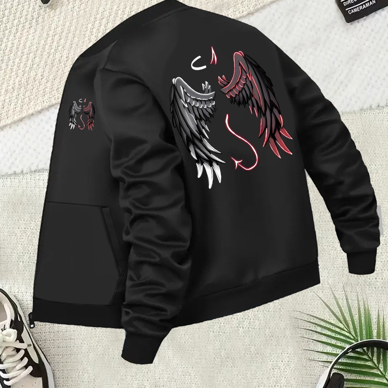 Plus Size Women's Cotton Baseball Collar Jacket Black White Pink Angel Devil Print Long Sleeve Outerwear