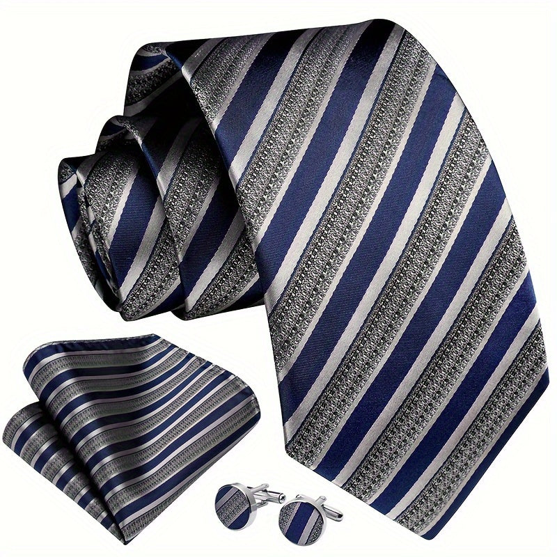 Men's Striped Necktie Set with Cufflinks and Pocket Square for Business and Parties