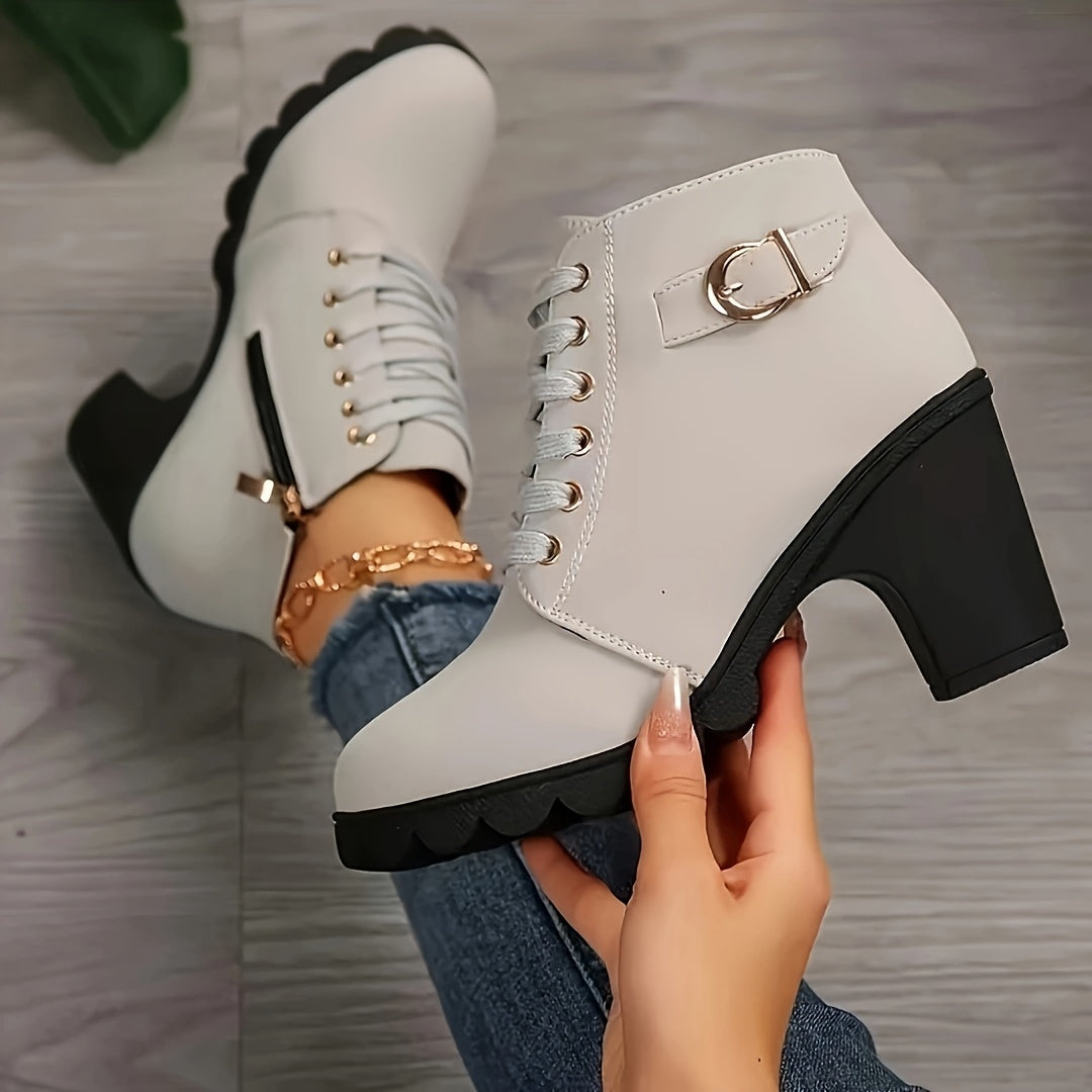 Women Chunky Heel Ankle Boots Faux Cover Zipper Comfortable All-Season
