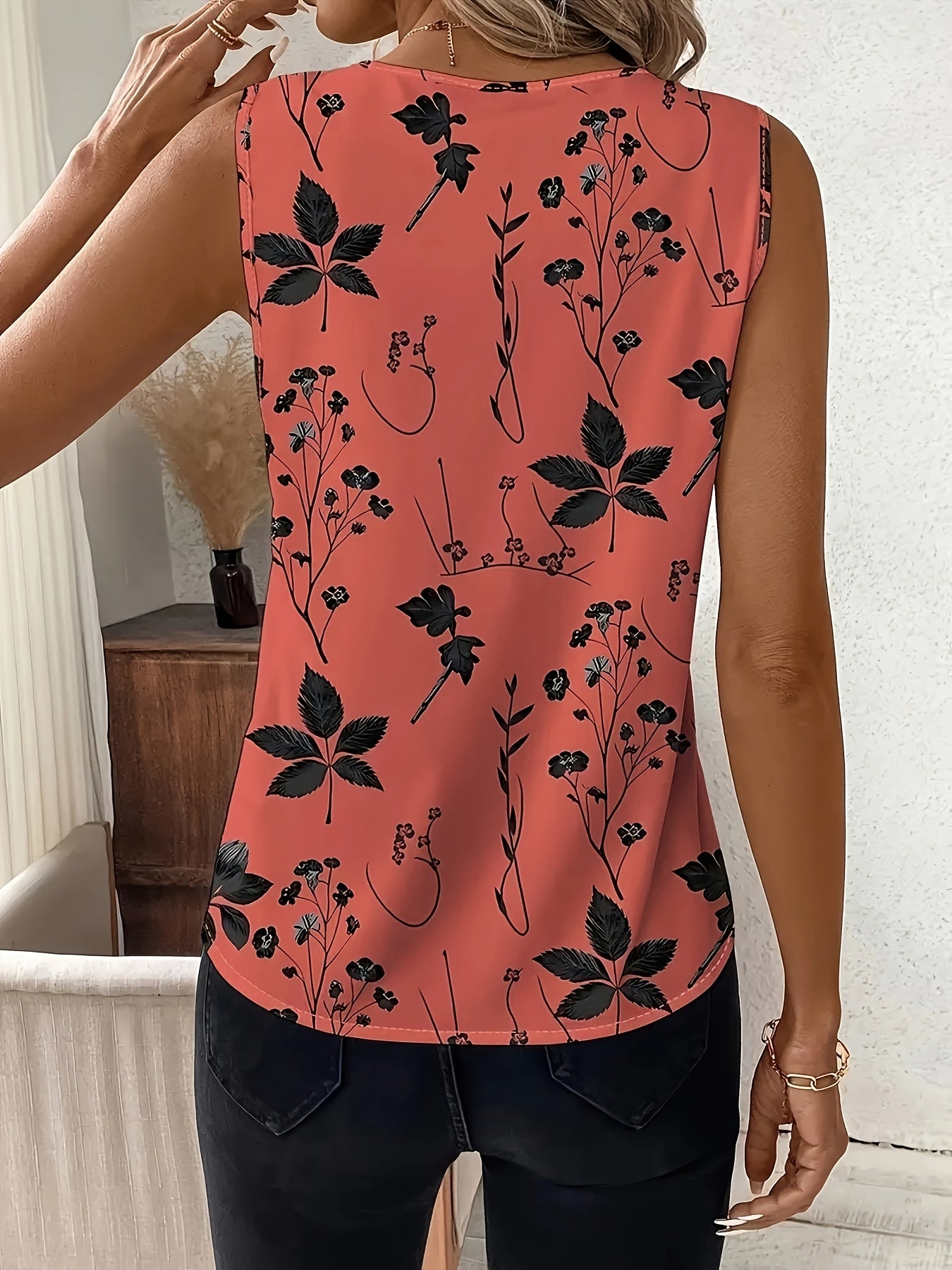 Women’s Floral Print Sleeveless V-Neck Tank Top Polyester Black Beige Casual Formal