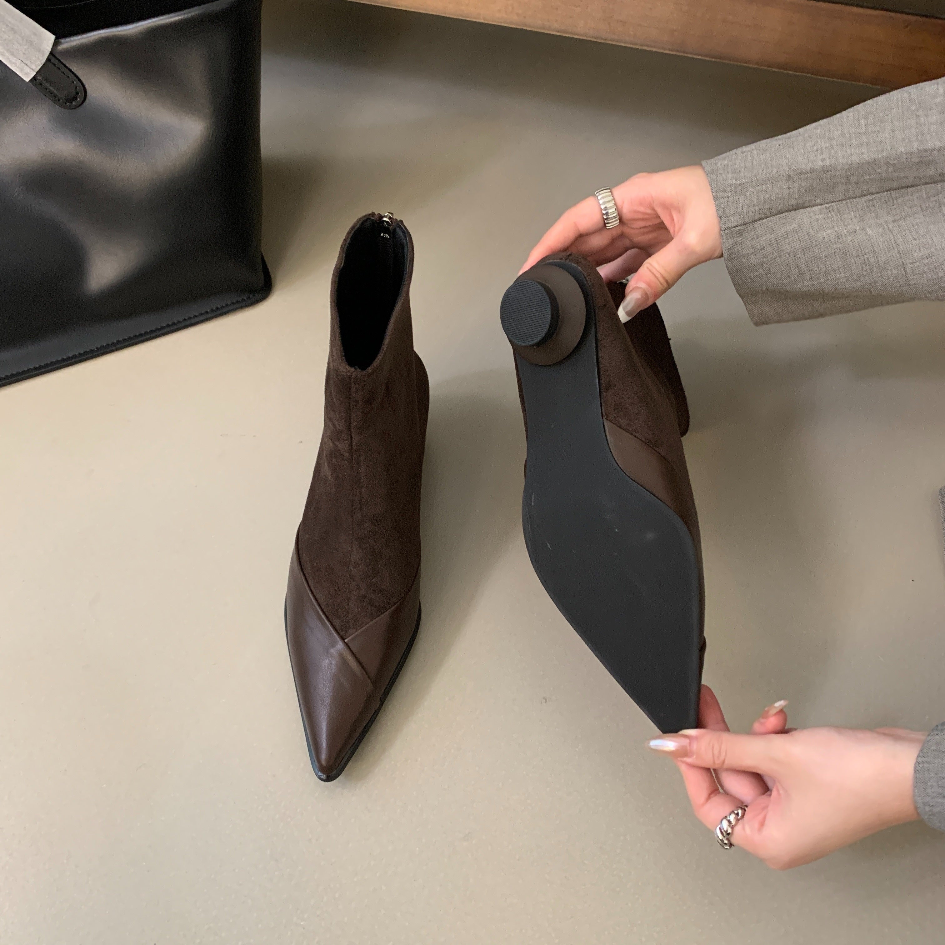 Women's Ankle Booties Flannel Patchwork Pointed Toe Low Heel Winter