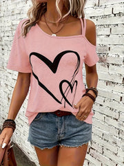 Blusa asimétrica de manga corta con estampado de corazones y hombros fríos para mujer