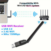 High-Gain 2.4G WiFi USB Adapter for Laptops and Desktops Up to 150Mbps