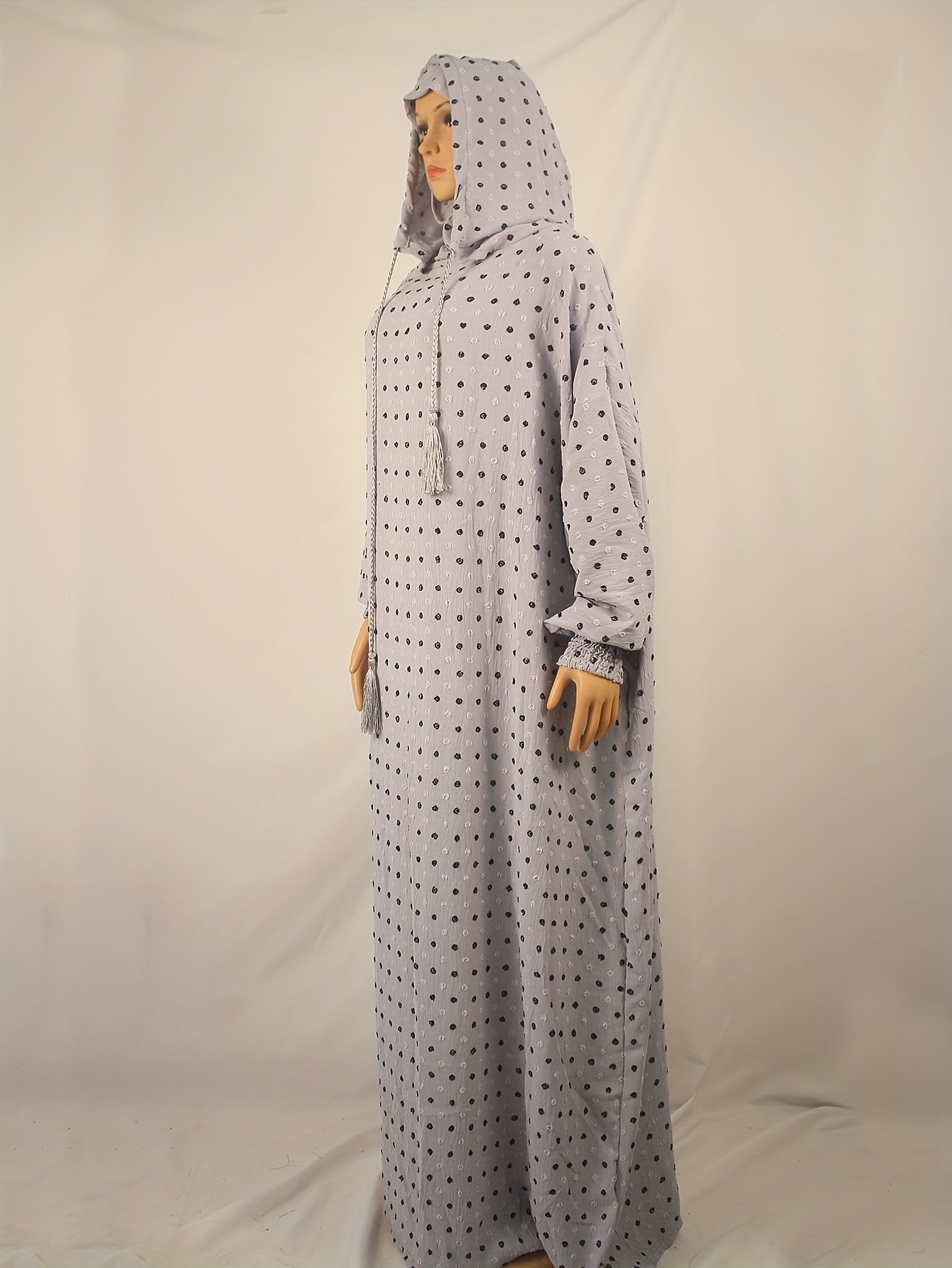 Plus o'lchamli polka nuqta kaftan kiyi bilan tassellar, uzun qo'l, kundalik, barcha mavsum uchun