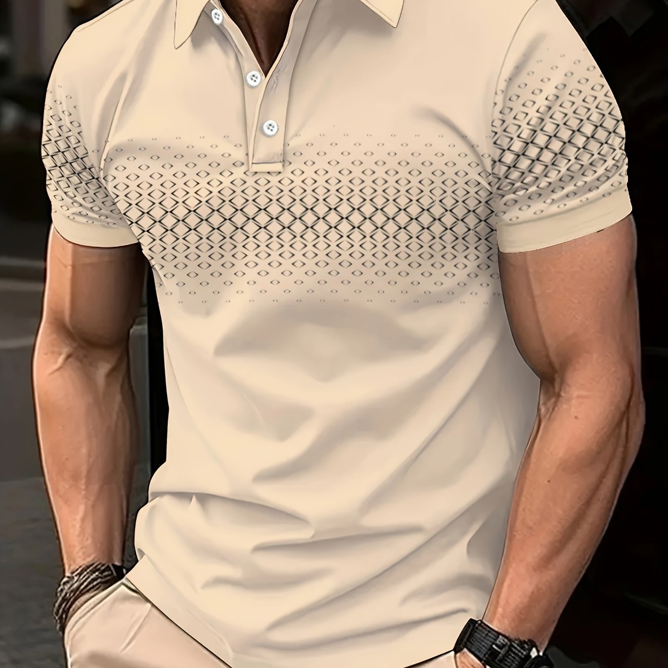 Erkaklar uchun plussiz casual golf koftasi, qisqa yengli, retro geometrik plitka printi, engil va qulay.