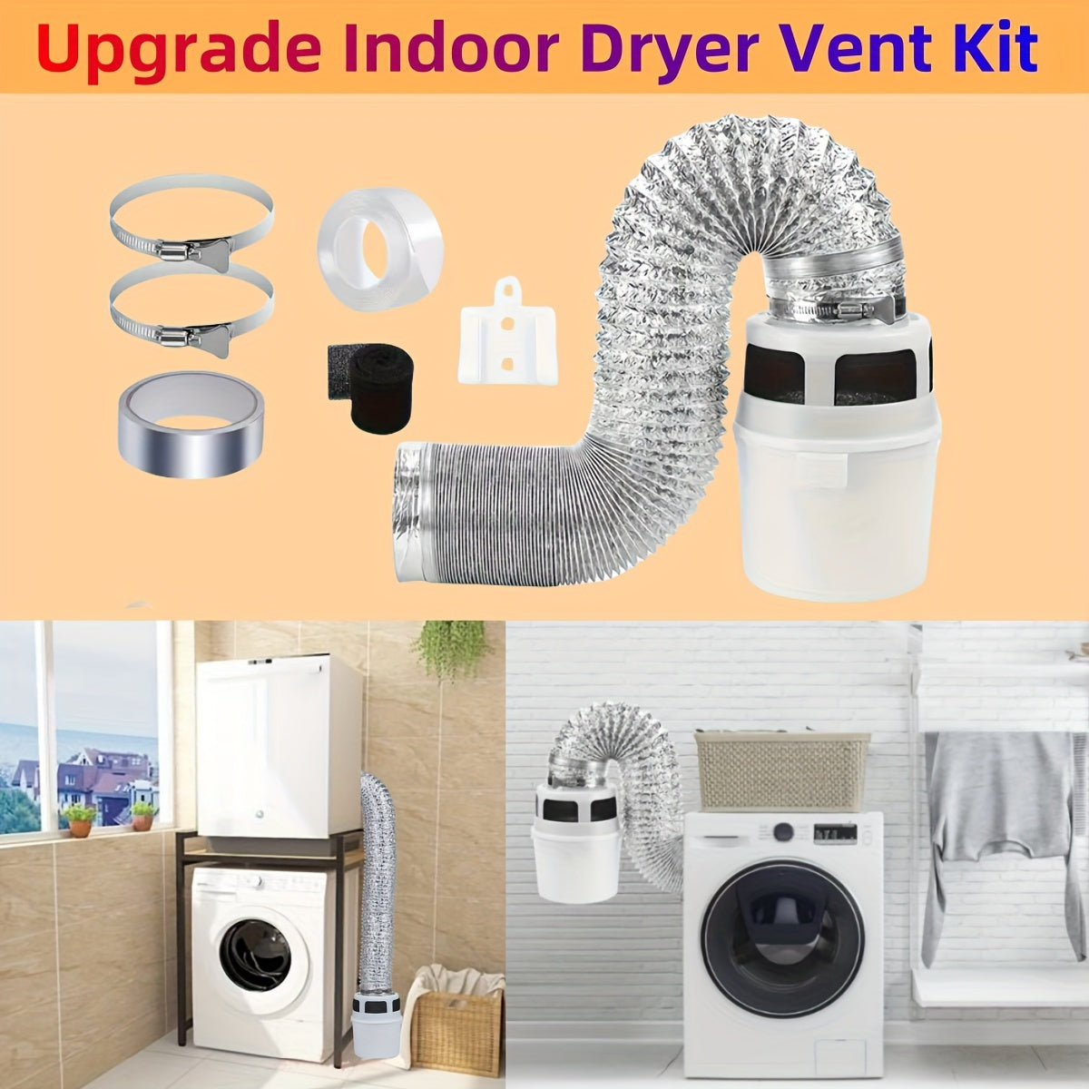 Indoor Dryer Lint Collector Kit with Filter Bucket and Flexible Foil Tubing