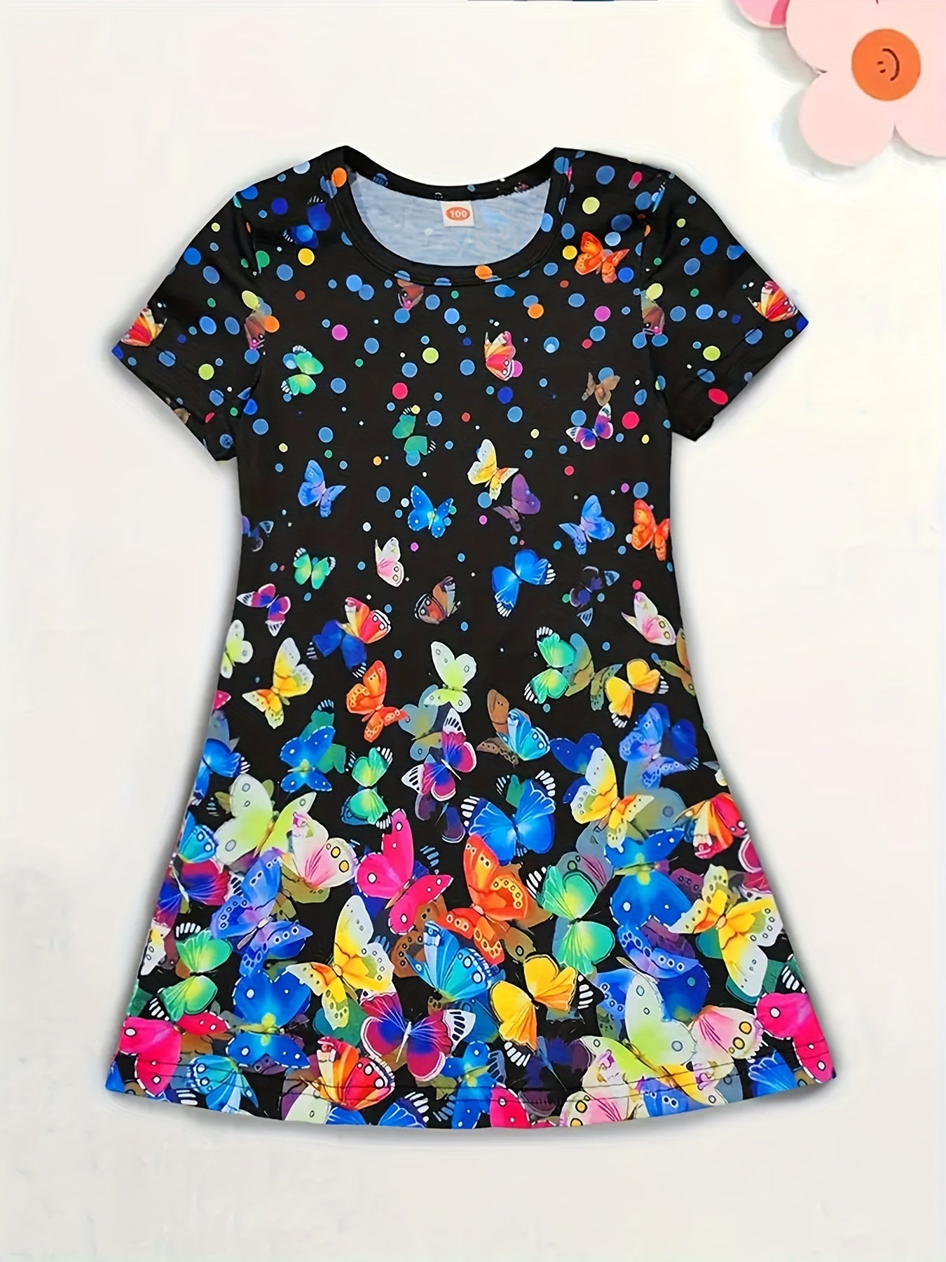 Girls' Midi Dress with Butterfly Print Short Sleeve Casual Summer Clothing
