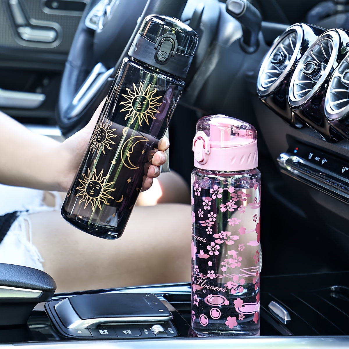 Women's Floral Plastic Water Bottle Large Capacity Lightweight Round PVC-Free