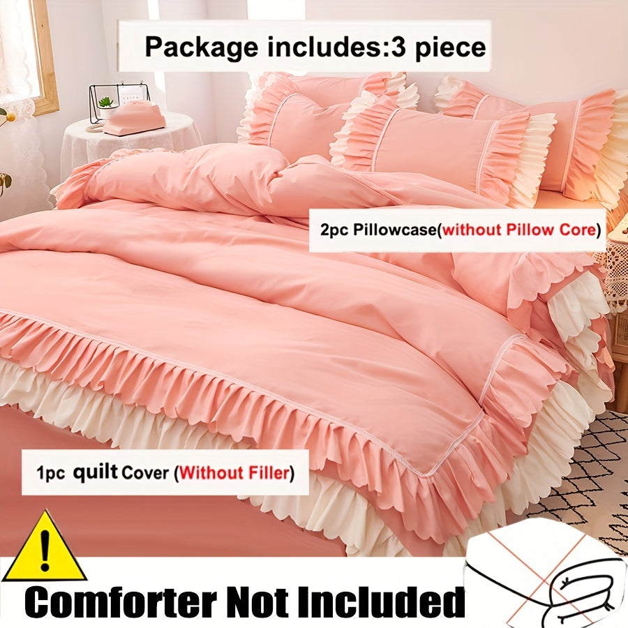 3 qismdan iborat pushti qirralangan to'shak to'plami 2 ta yostiq qopqog'i va 1 ta qopqoqni o'z ichiga oladi, to'ldiruvchi yoki qulaylik kiritilmagan.