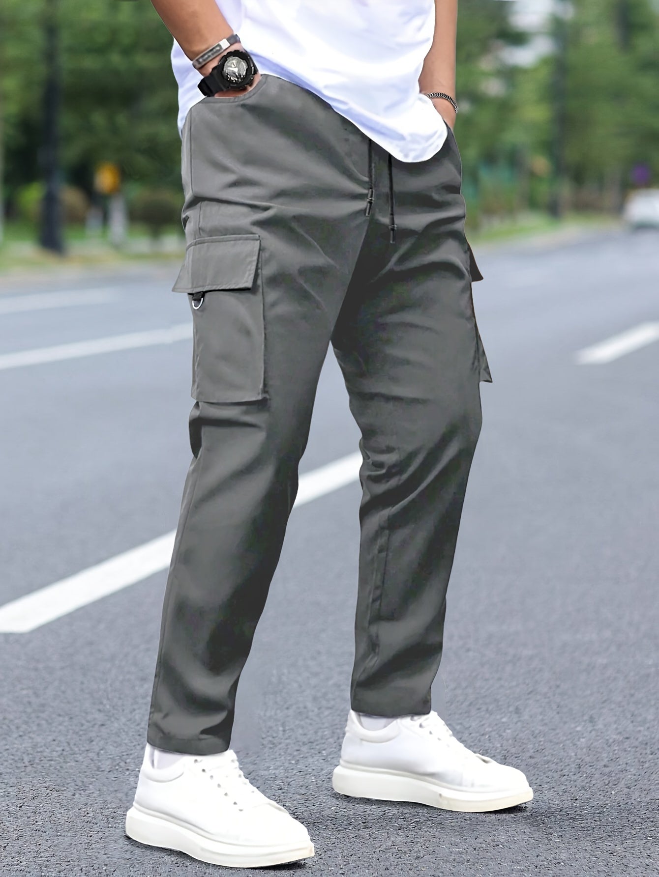 Men's Cargo Pants with Multiple Pockets Drawstring Waist Solid Polyester All-Season Street Style