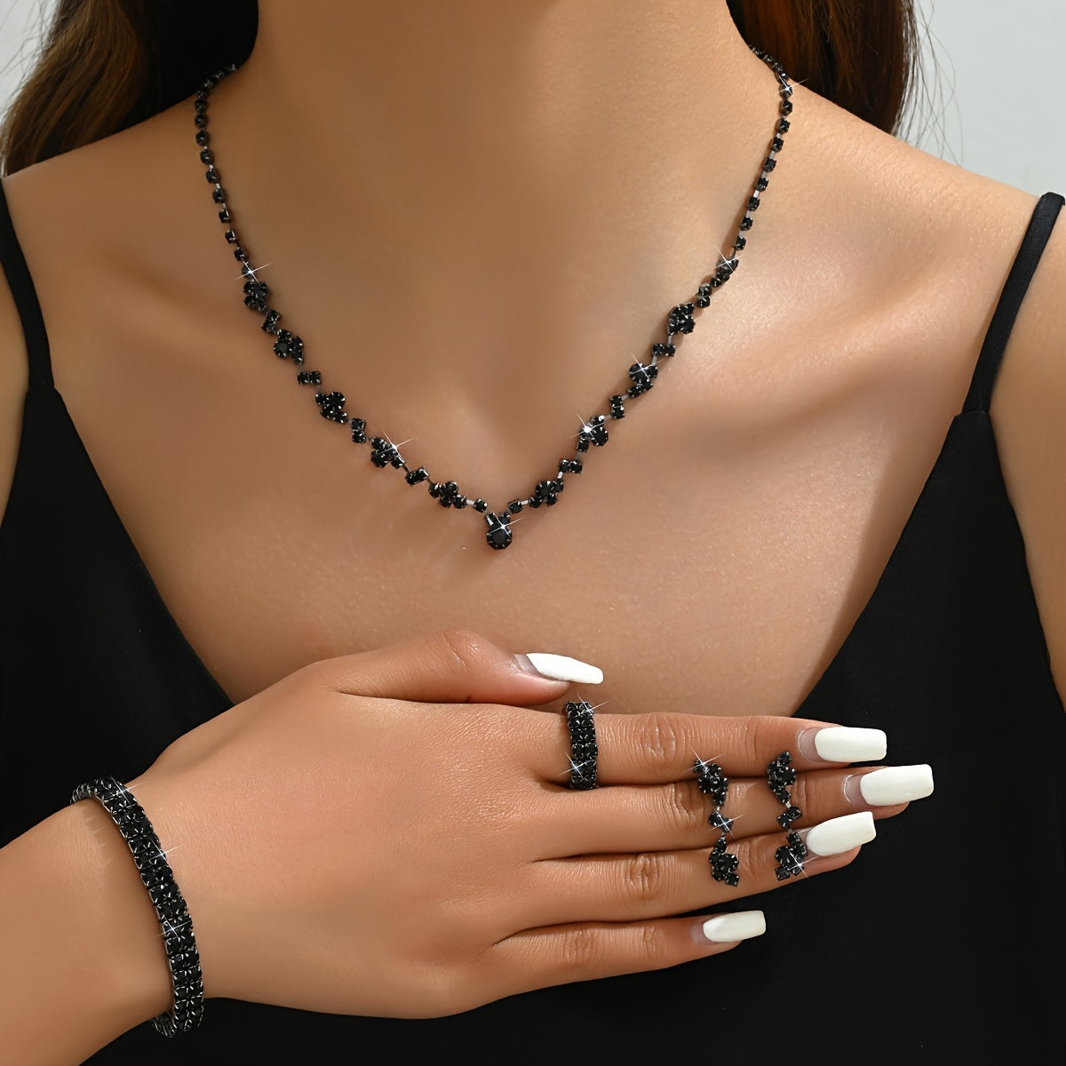 Women's Jewelry Set with Necklace Bracelet Earrings Ring in Gold Silver Black for Weddings