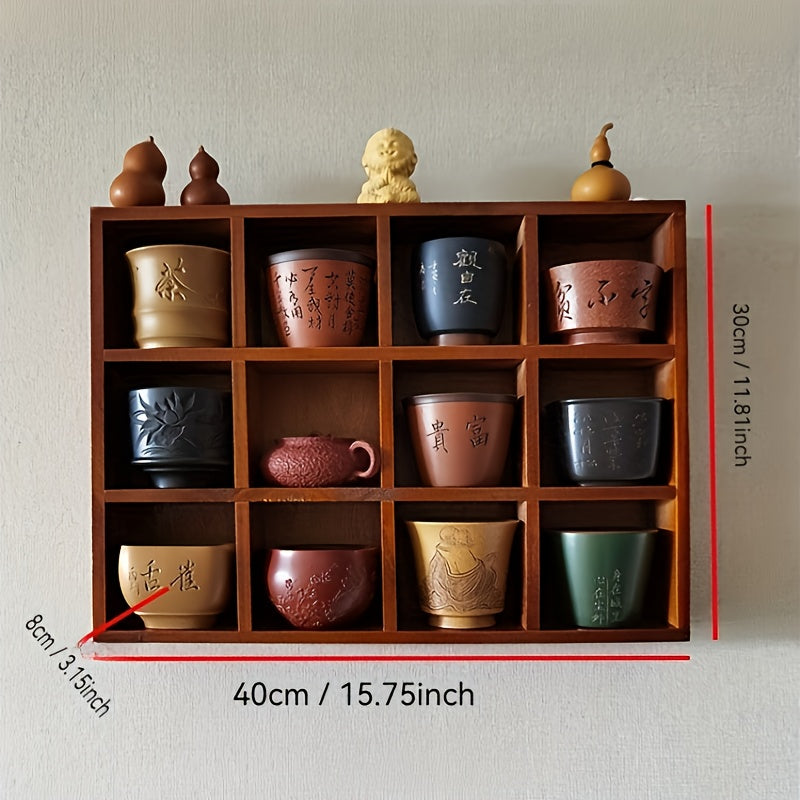 Винтажный органайзер для чашек с деревянной полкой для показа, закрытым отсеком, высотой менее 68,58 см, объемом менее 3,2 кубических футов.