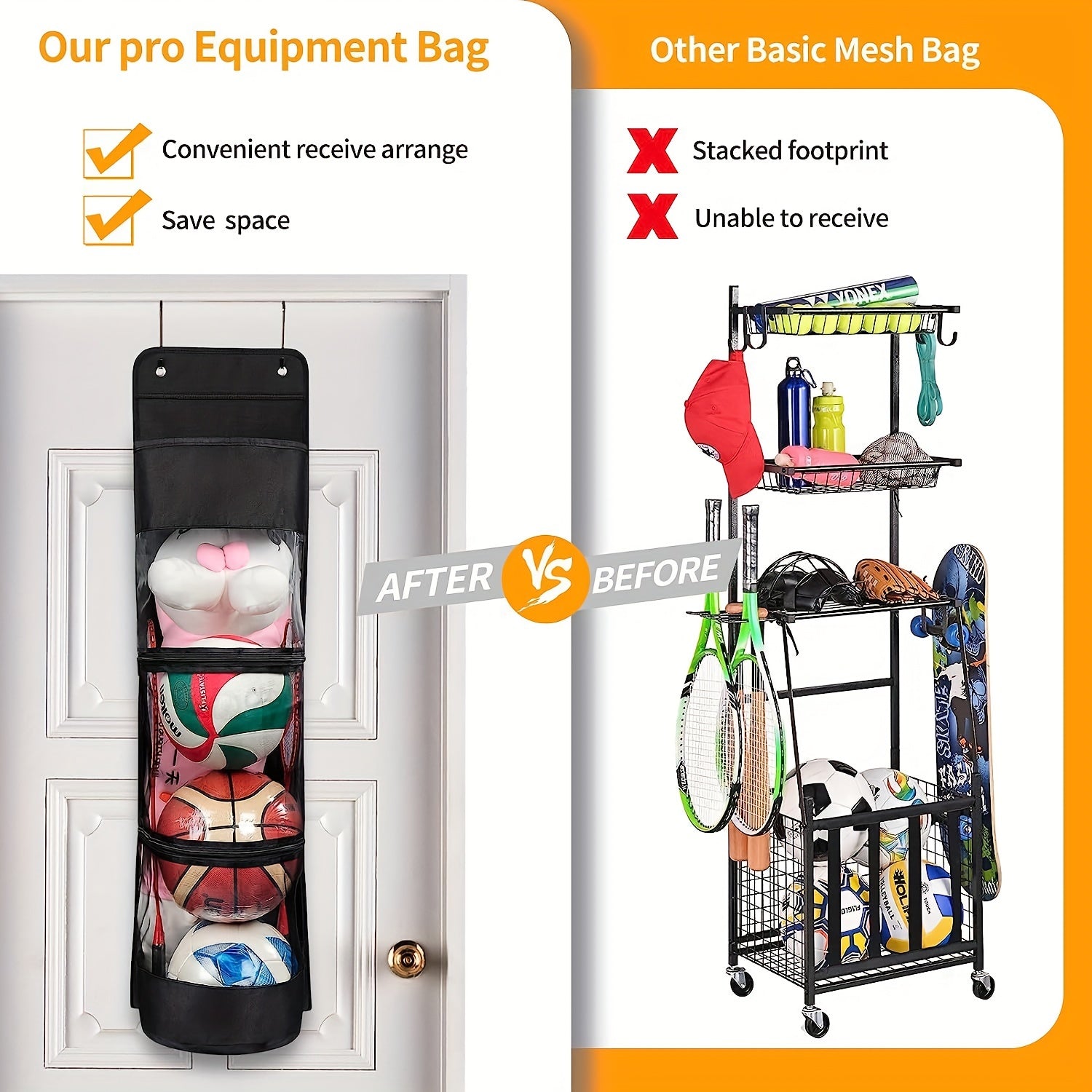 Sports Equipment Storage Bag Hanging Over Door Zipper Organizer Large Capacity for Basketball Football Volleyball Racket