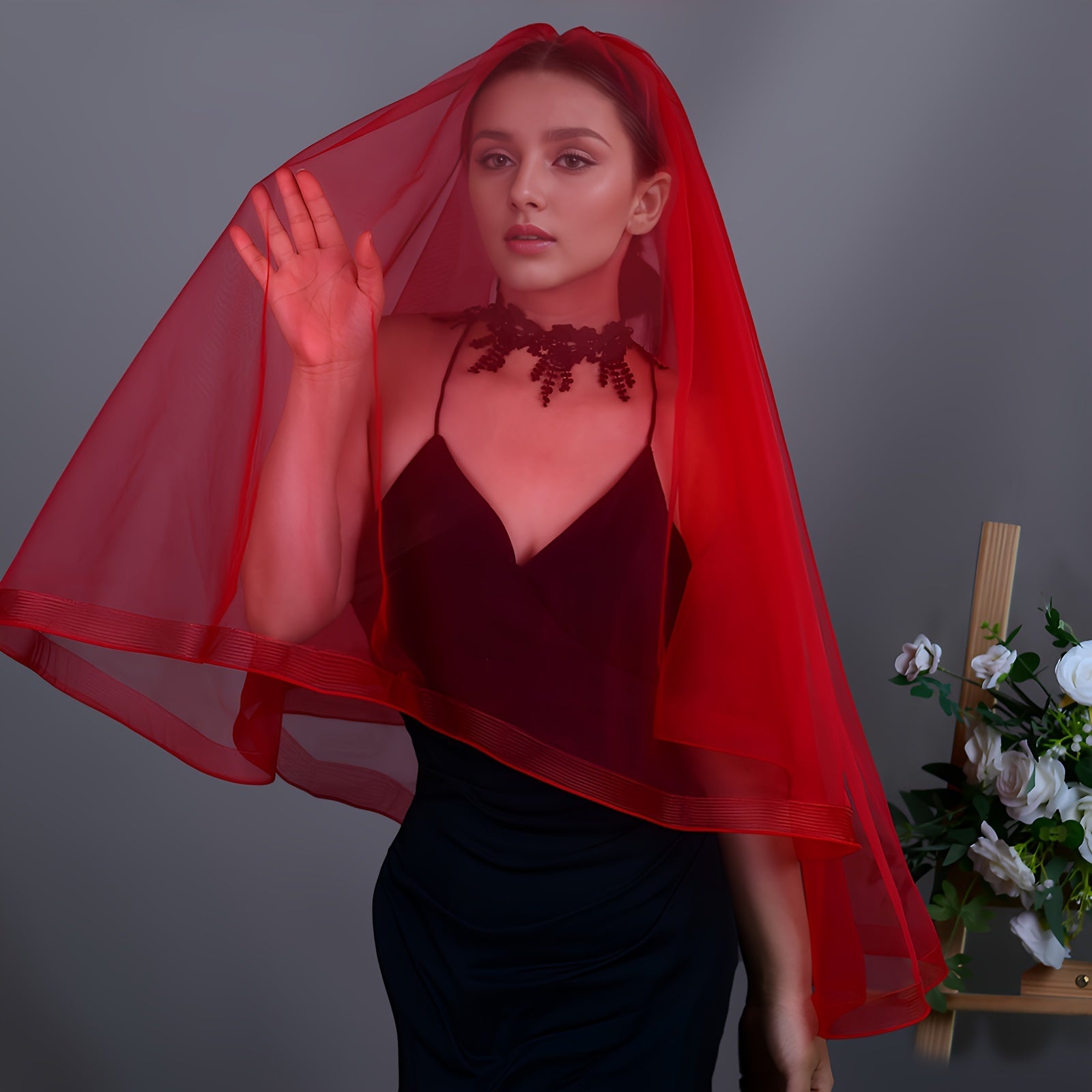 Red Vintage-Inspired Bridal Veil Blusher Fingertip Length Nylon Double Layers for Weddings