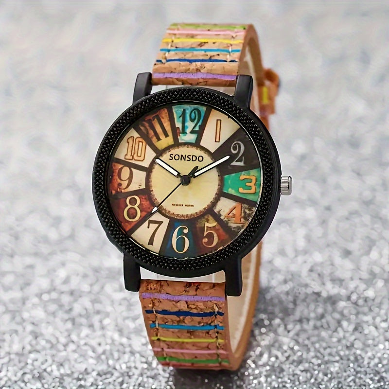 Women's Wooden Watch with Faux Leather Band Quartz Movement Gift Idea