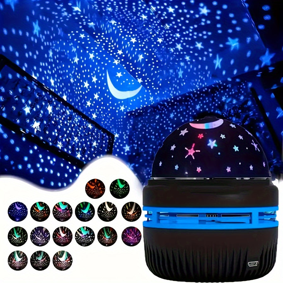 USB-Powered Star and Moon Night Light with Rotating Projections, Stand, and Disco Ball Design
