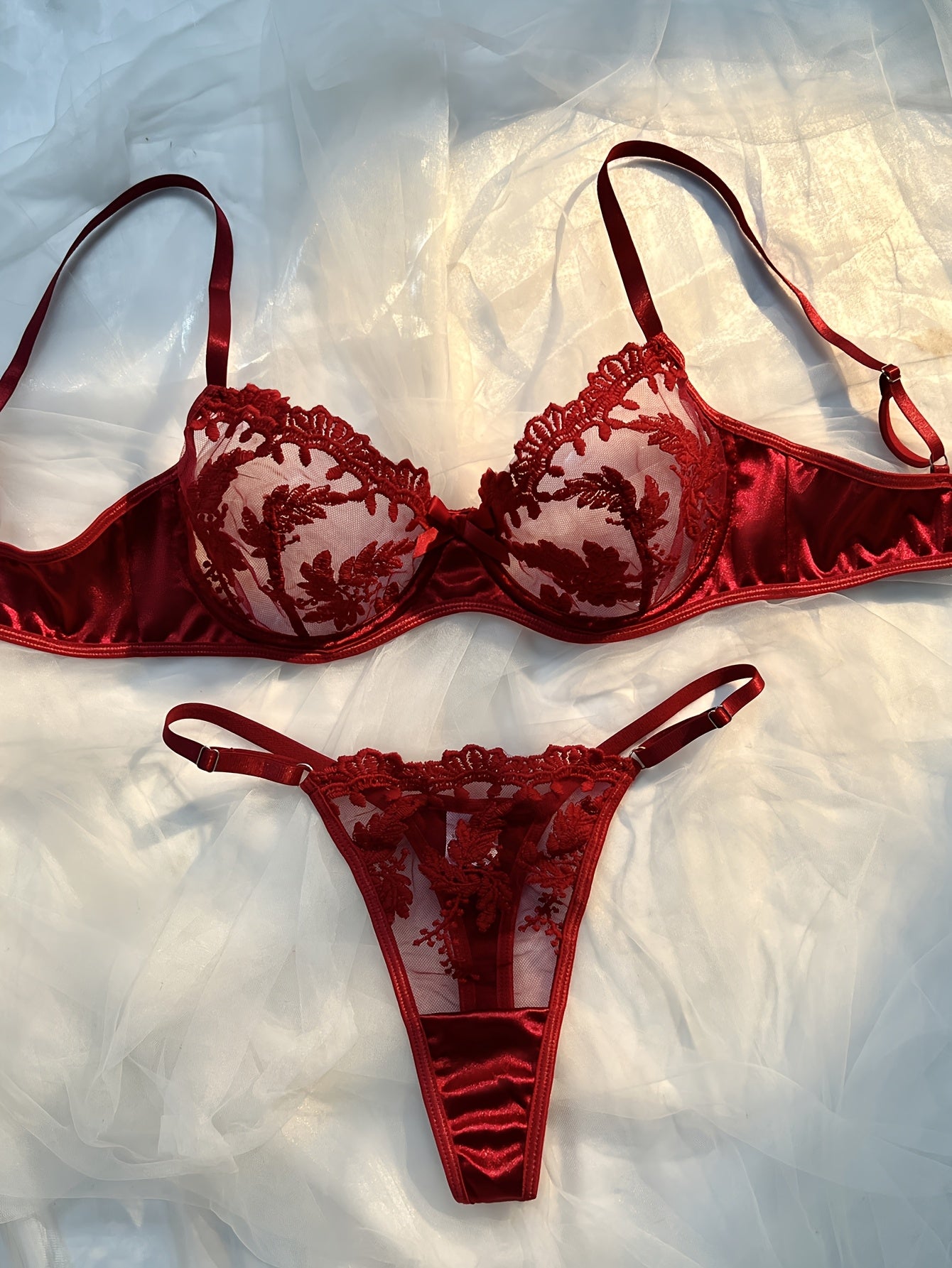 Women's Burgundy Floral Embroidered Lingerie Set Polyester Elastane Knit Medium Support No Padding Thong Drop Waist