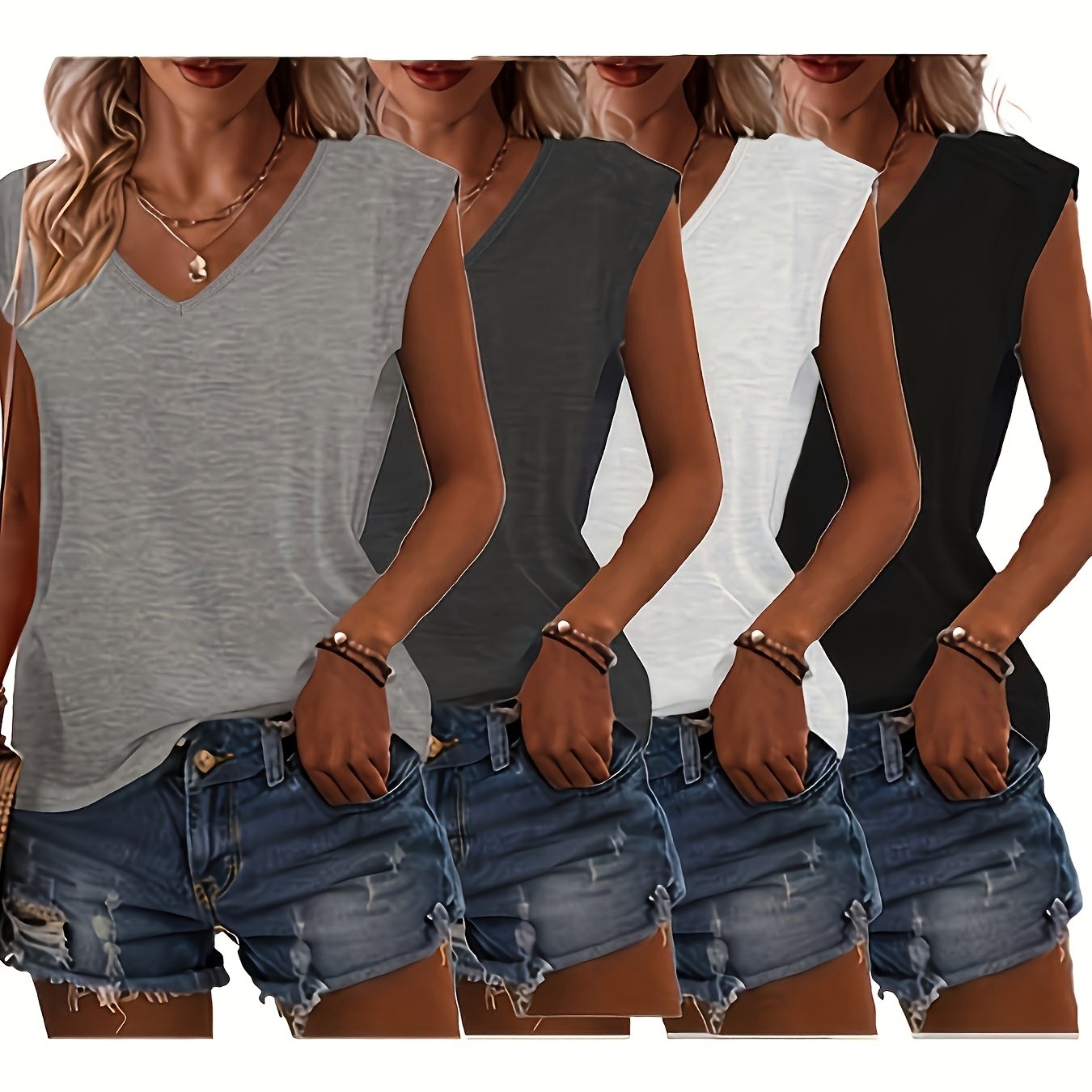 Camisetas de manga corta con escote en V para mujer, pack de 4, tops casuales de verano, rosa, negro, azul, beige