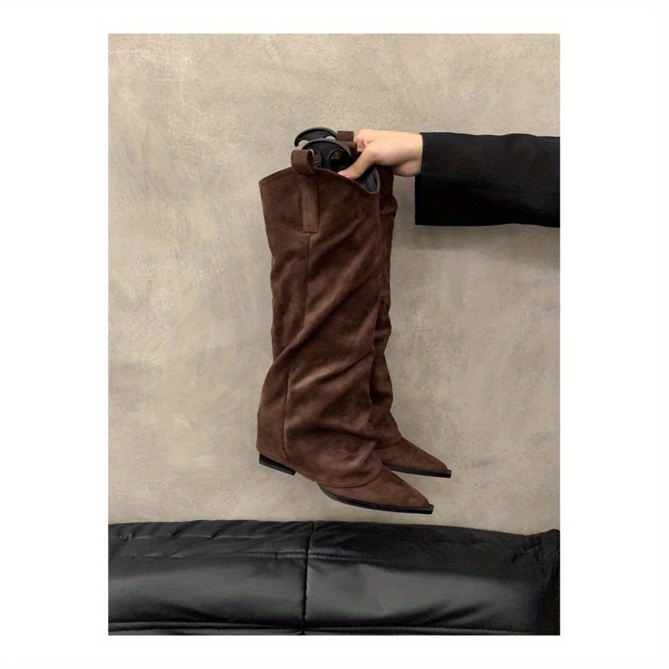 Women’s Faux Leather Chunky Heel Ankle Boots Brown Pointed Toe All-Season