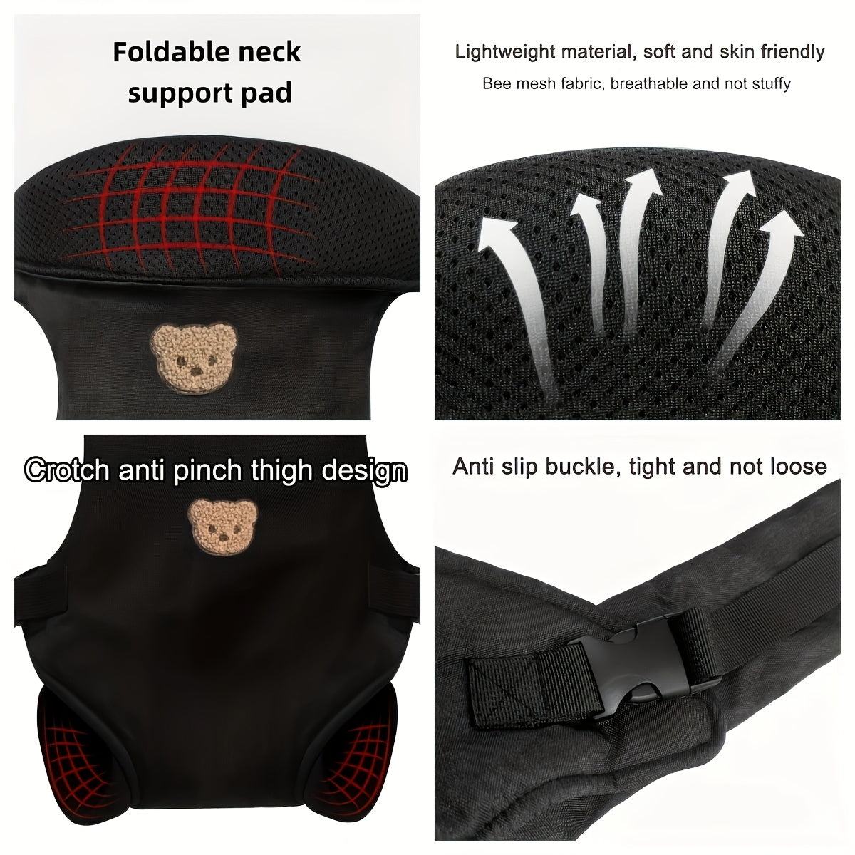 3+ yosh uchun bolalar uchun belbog‘li nafas oladigan polyesterli sling, olib tashlanadigan kamar bilan, qora va kulrang