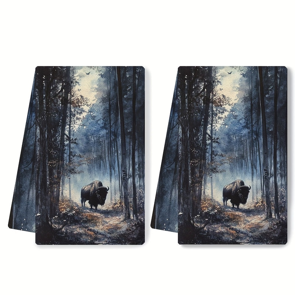 Ultra Soft Kitchen Towels Set of 2 Bison Woods Scene 40x60cm Absorbent